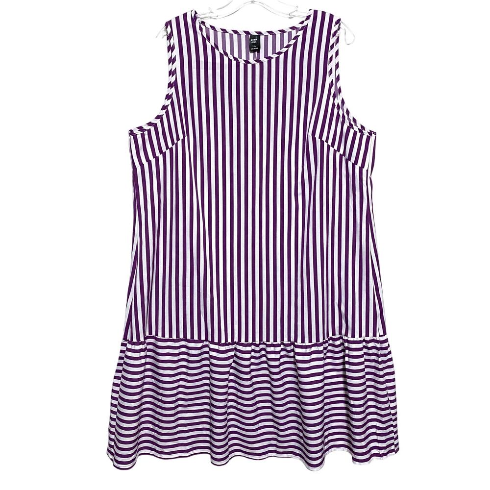 Shein Curve 1XL Purple White Striped Dress Ruffle Hem Sleeveless Nautical Resort